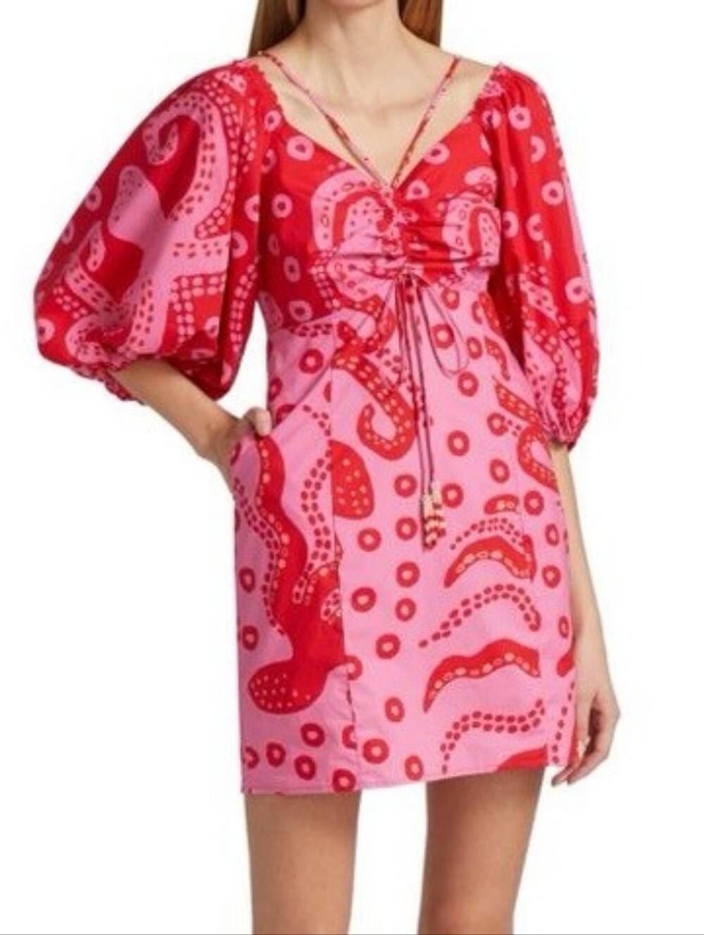 FARM Rio Pink and Red Puff-Sleeve Tie-Front Mini Dress